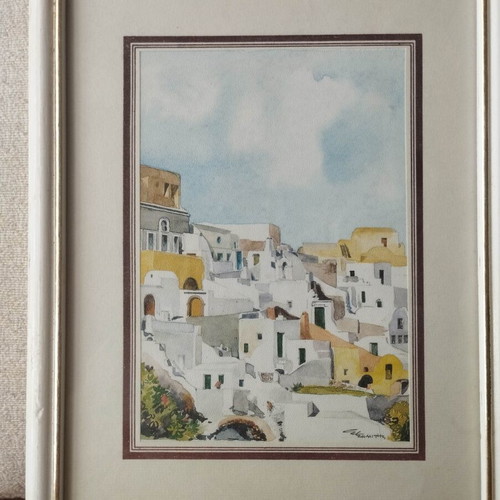 Original Santorini Lithograph signed by Simitis, like new, framed 26×20 cm