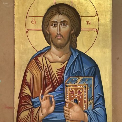 Christ Blessing Religious Icon with Real Gold
