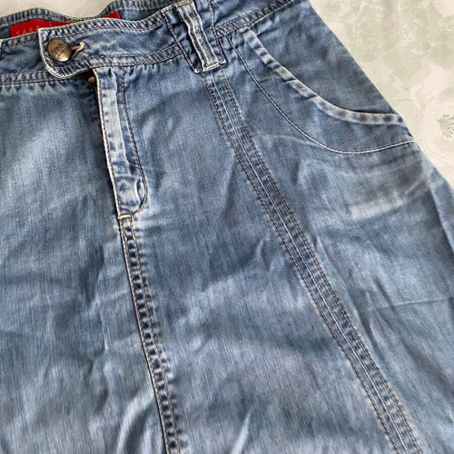 Y2k denim skirt used, knee-length, Sarah Lawrence, blue turquoise