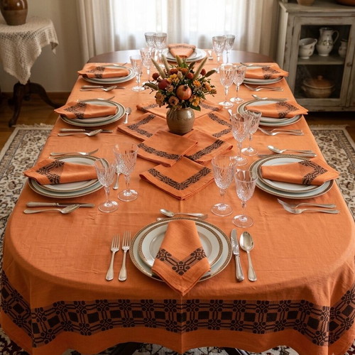 Handwoven tablecloth and napkin set from grandmother's loom