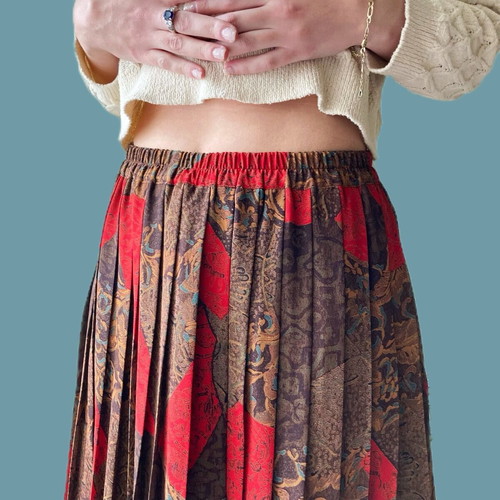 Vintage midi pleated skirt in burgundy and brown