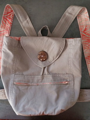 Linen backpack used, gray and pink
