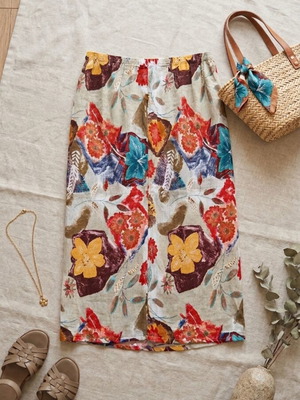 Abstract floral skirt, beige multicolor, size S