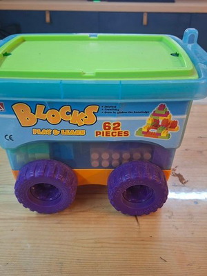 Educational building blocks set with 62 colorful pieces in wheeled box