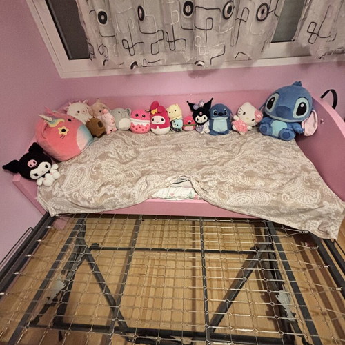Children's bed 90x200 cm with pull-out second bed, pink and white