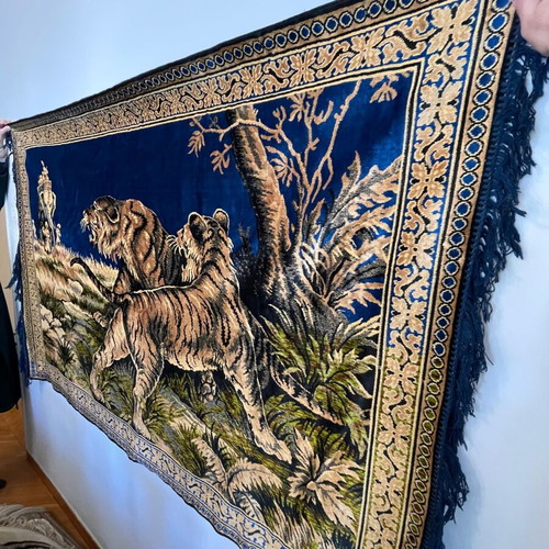 Large vintage tapestry with tigers and elephants on blue background like new