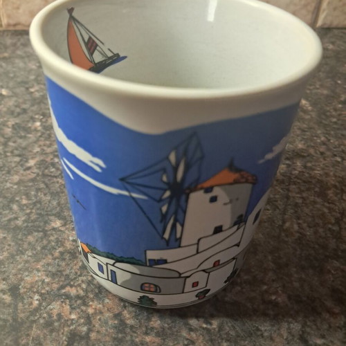 Ceramic mug souvenir from Mykonos Aegean art like new