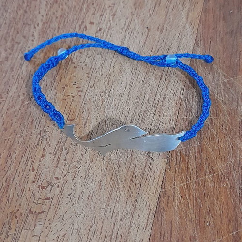 Handmade silver macrame bracelet with silver dolphins and colorfast threads