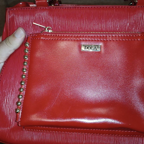 Doca women's handbag used, red eco-leather with embossed texture