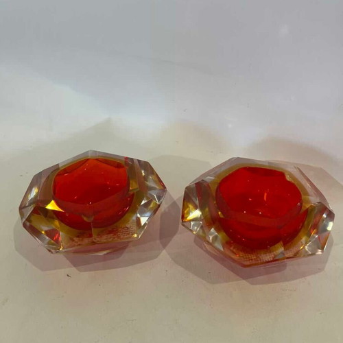 Murano crystal ashtray set 2 used, red orange shade 6x11x11