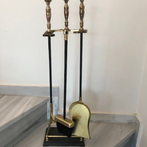 Fireplace set used with stand, 3 iron and brass tools