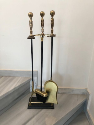 Fireplace set used with stand, 3 iron and brass tools