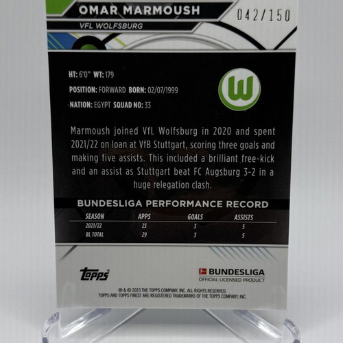 Omar Marmoush Rookie Blue Wave Refractor Card 42/150 2022-23 Topps Finest Bundesliga new