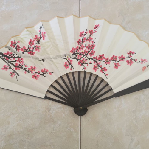 Traditional Handmade Asian Fan with Bamboo Ribs and Peach Blossom Design
