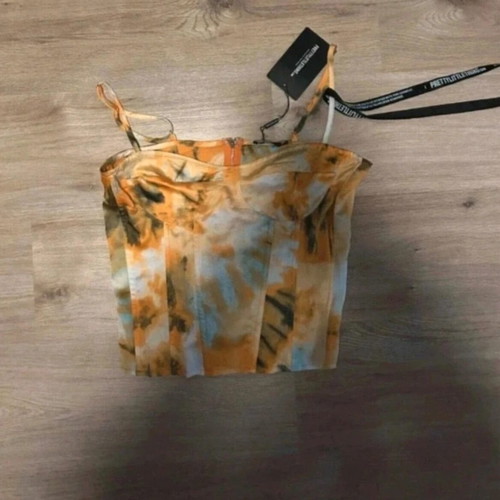 PrettyLittleThing Satin Corset Crop Top, orange tie-dye