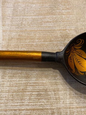 Authentic vintage Russian spoon used, hand-painted with Khokhloma technique