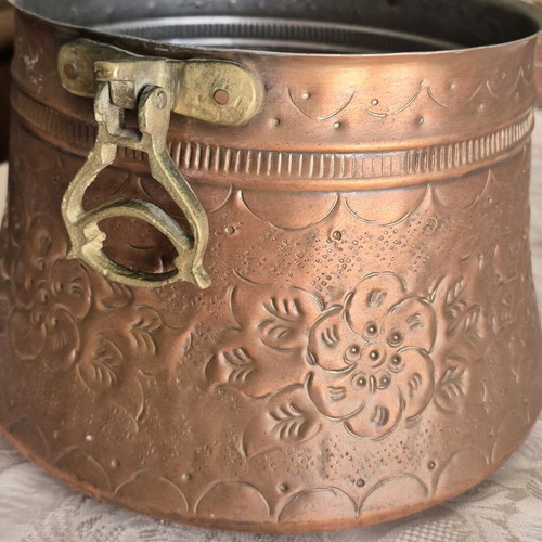 Copper forged cauldron used, antique with embossed designs