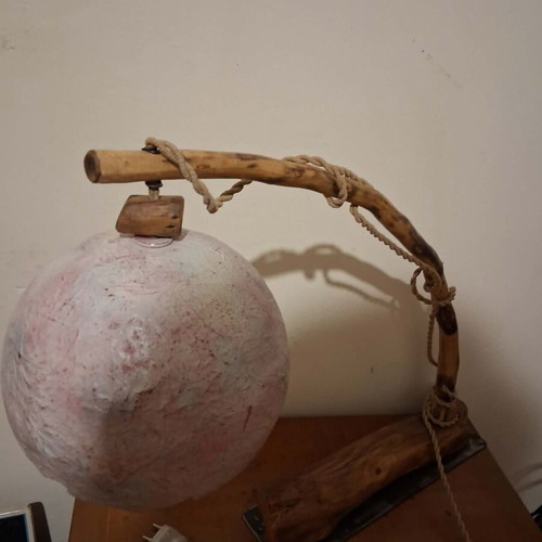 Vintage handmade table lamp with wood, metal, and pink large shade, like new
