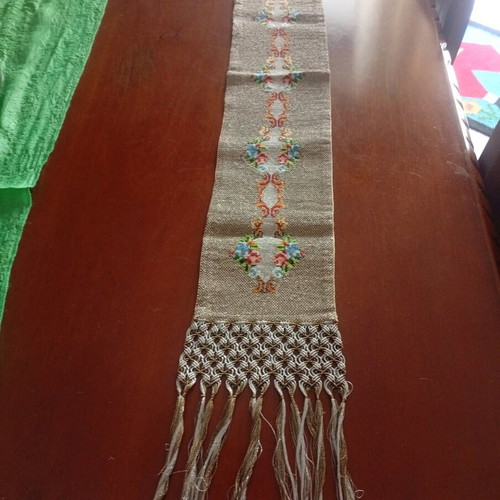 Handmade embroidered table runner with fringes, new