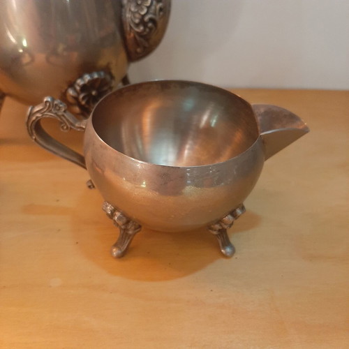 Vintage silver-plated tea set used, 3 pieces with carved details