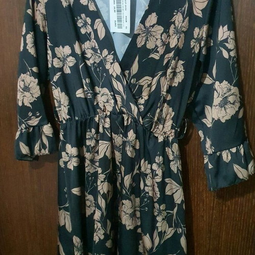 Floral Wrap Dress new, black with gold ruffles