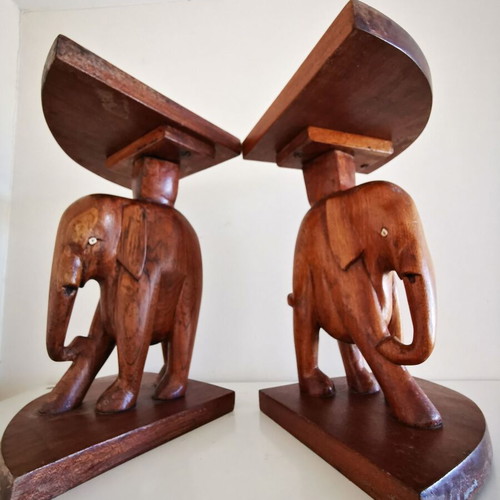 Handmade wooden carved elephant figurines set of 2 like new