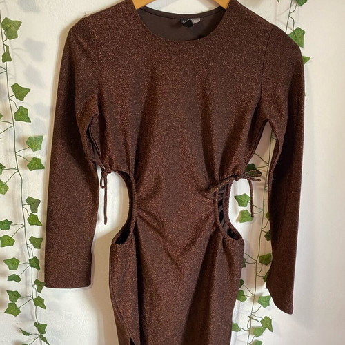 H&M dress with glitter and cutouts, used, size S, brown