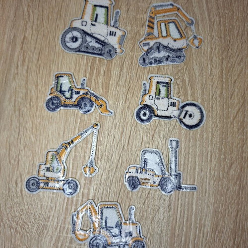 Embroidered iron-on patches with construction vehicles, set of 7, new