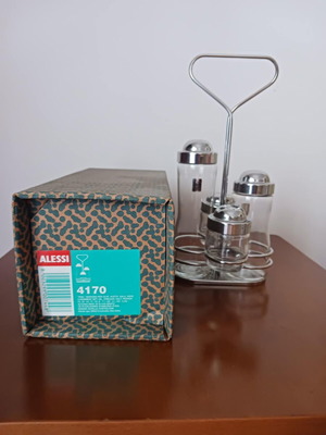 Vintage Menage Set Alessi 4170, new, stainless steel and crystal
