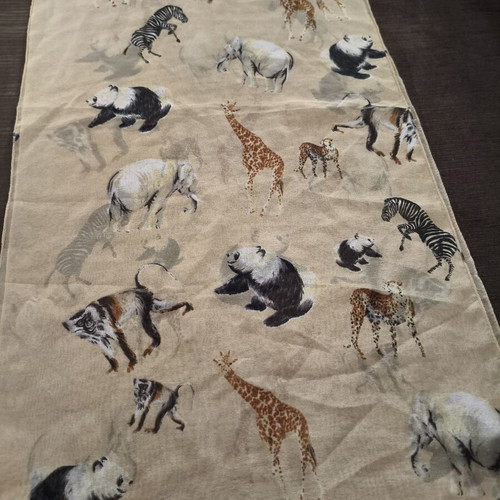 Long scarf with African animal prints like new, beige-champagne