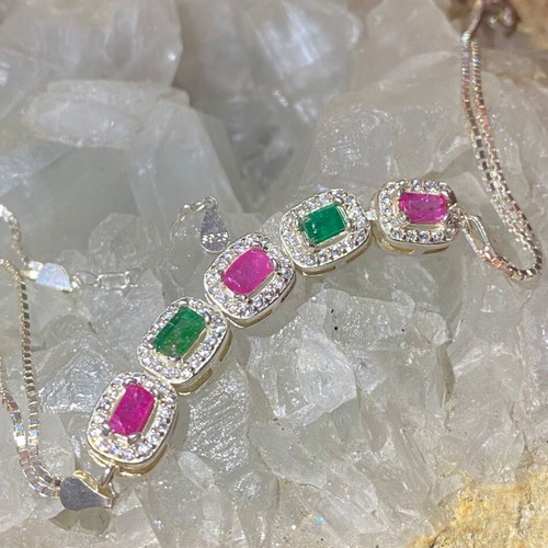 Handmade silver bracelet with natural emerald, ruby and moissanite, new