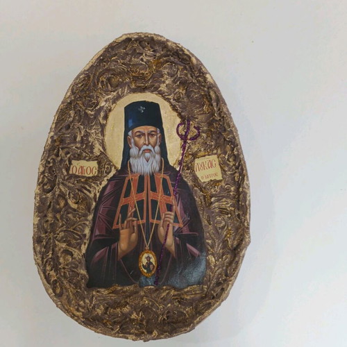 Icon of Saint Luke the Doctor in handmade ceramic egg-shaped design