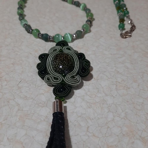 Necklace with cat's eye and aventurine in 925 silver, very long, new