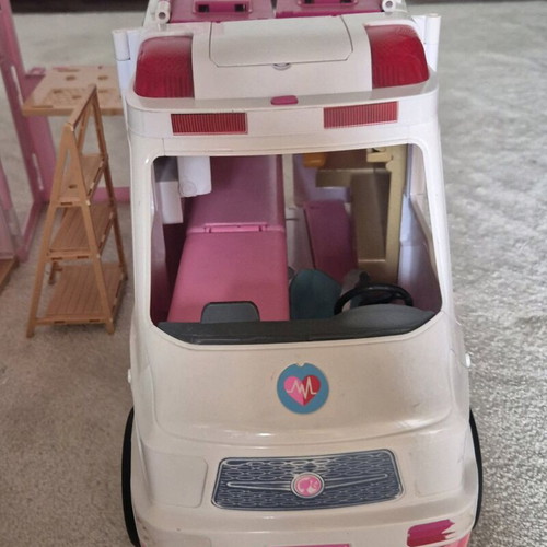 Barbie house and ambulance used, various items