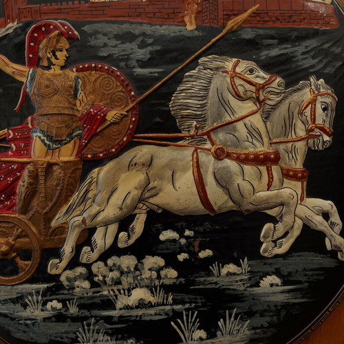 Antique collectible wall plate 42cm used, terracotta majolica Achilles Hector Troy