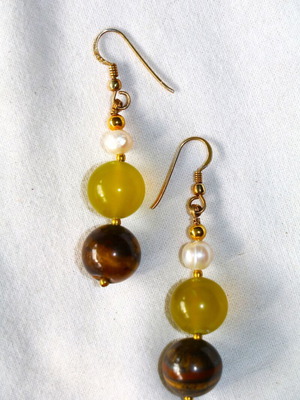 Earrings green agate and tiger's eye 22K clasp new