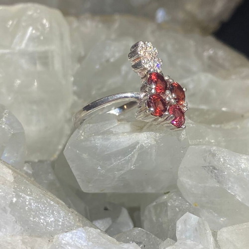 Silver ring with natural red garnet and moissanites, new