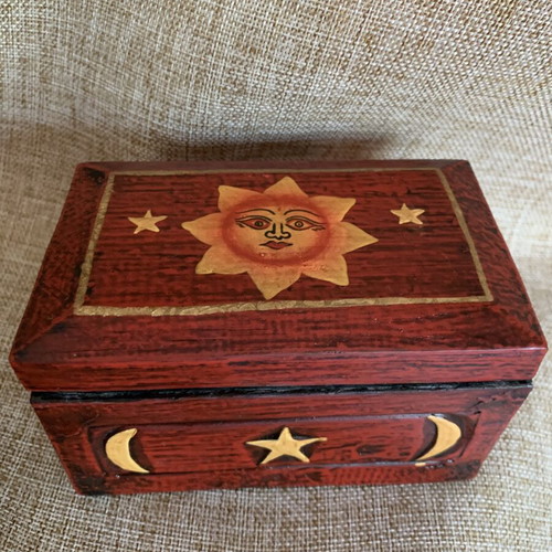 Handmade wooden jewelry box with sun and moon design, new