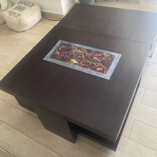 Coffee table wenge color, oak, used, with sliding top and drawers