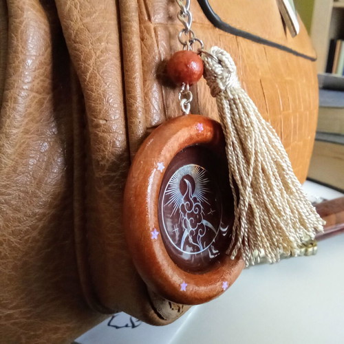 Handmade brown keychain bag pendant made of wood and resin new