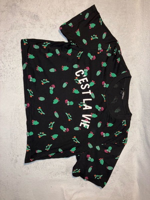 Crop short-sleeve blouse used, black with cactus pattern, size S