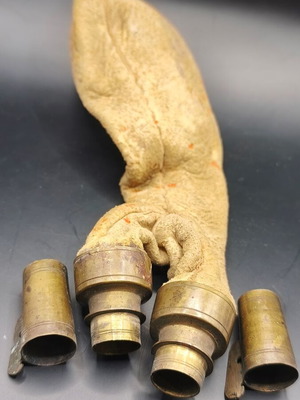Double-Chamber Gunpowder Flask used, sheep leather and bronze parts