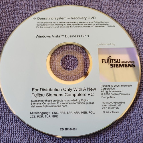 Windows Vista Business SP-1 Recovery DVD for Fujitsu-Siemens PCs like new