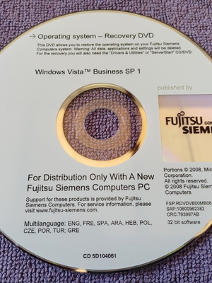 Windows Vista Business SP-1 Recovery DVD for Fujitsu-Siemens PCs like new