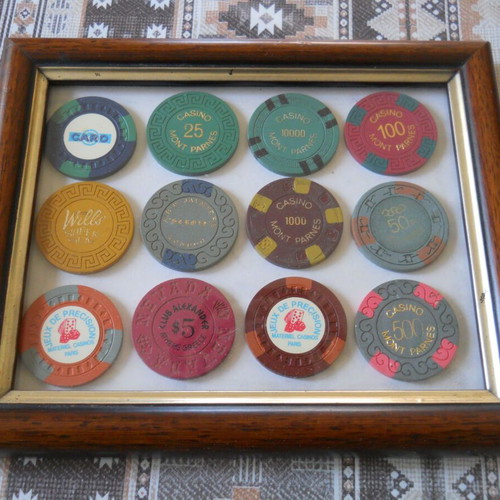 Casino chips in frame used, set of 2