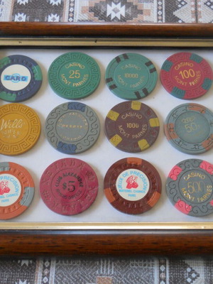 Casino chips in frame used, set of 2
