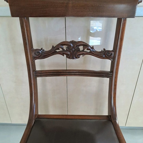 Dining chairs and armchairs used, handmade solid walnut set of 8, Corfu style with leather upholstery