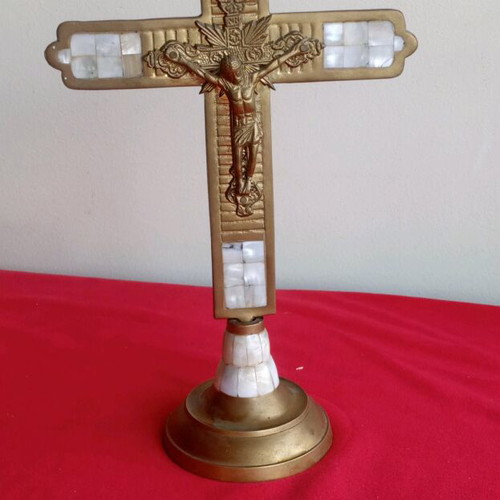 Brass tabletop cross like new with mother of pearl decorations