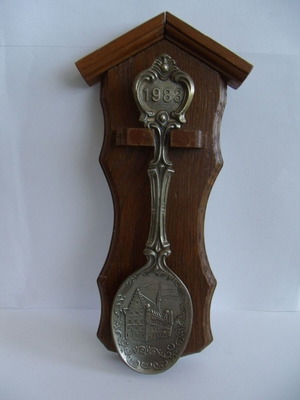 Old metal pewter spoon with stand used, 1983