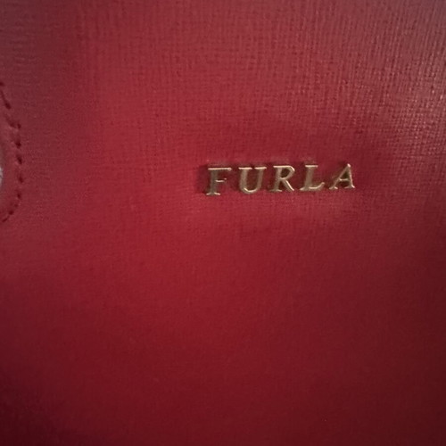 Furla leather handbag, fuchsia with white handles